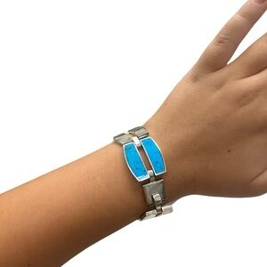 Sterling Silver Bracelet with Blue and Green Turquoise, and Onyx stones